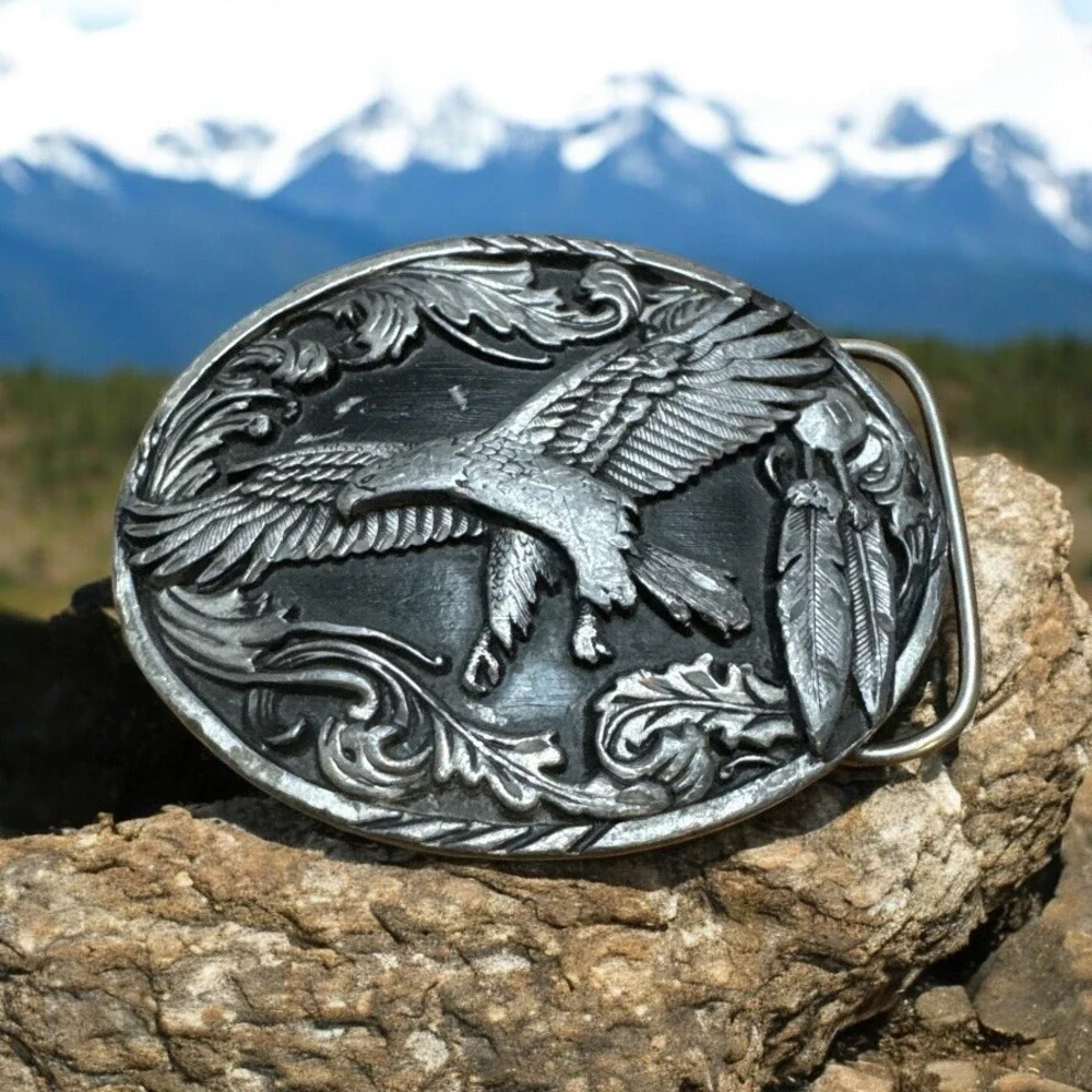 1995 Siskiyou Belt Buckle Pewter Eagle Silver Black Cowboy Western - Vintage Usa